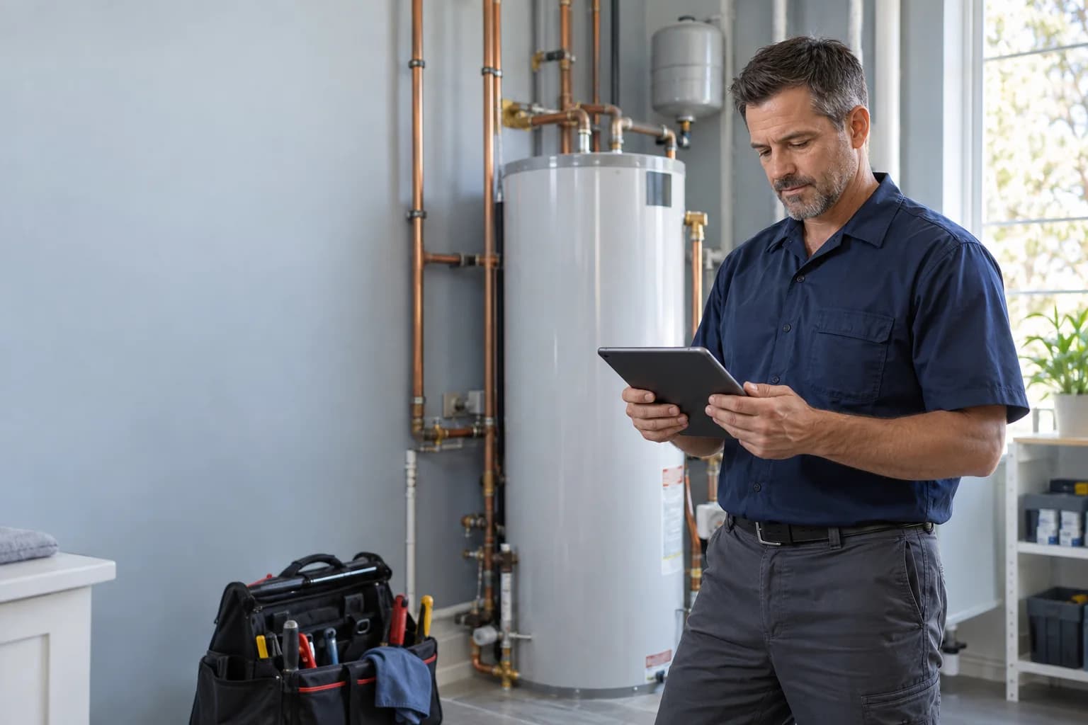 Illustration of a plumbing contractor checking job details on a tablet in a residential utility room